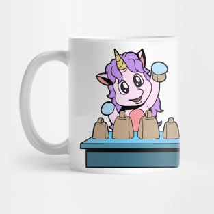 Cartoon unicorn playing cowbells Mug